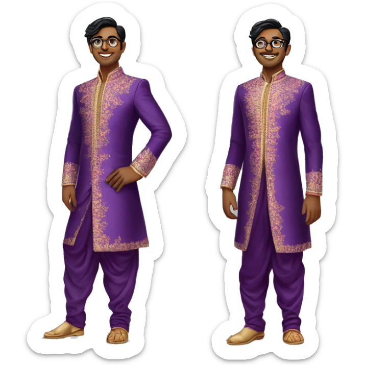 Full length Fair skinned south indian bridegroom wearing purple sherwani with floral design and wearing aviator style spectacles sticker