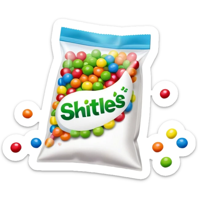 An open Skittles candy bag with green Skittles scattered around it. Colorful rainbow packaging and minimalist design. sticker