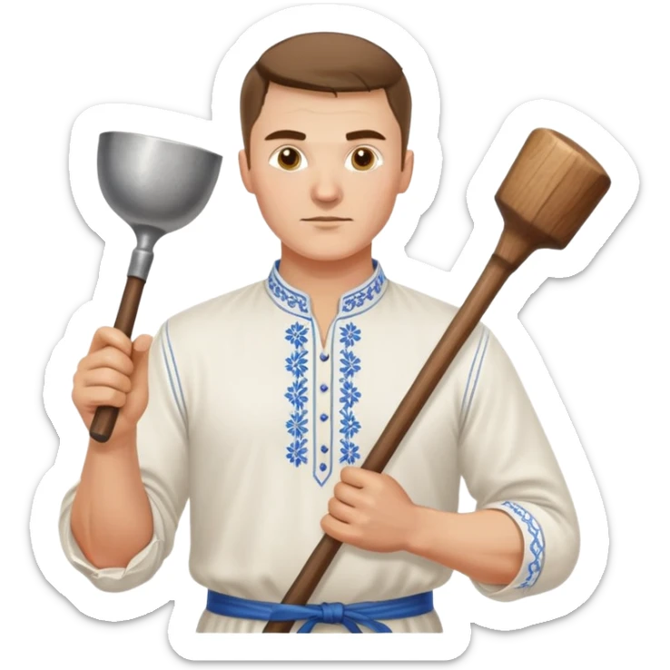 Ukrainian man wearing traditional white embroidered shirt (vyshyvanka) holding a hammer in one hand and a kitchen ladle in the other hand sticker