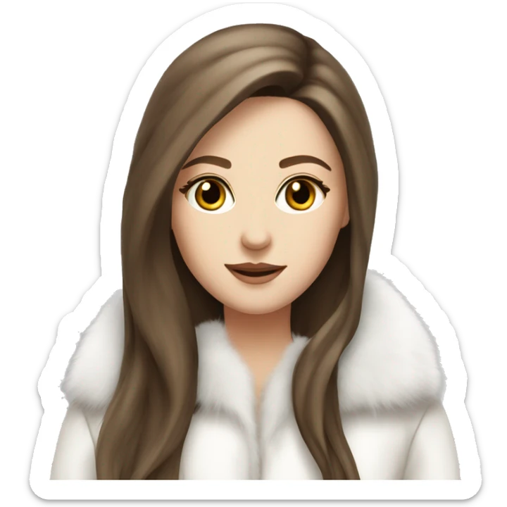 Beautiful white girl with straight brown long hair in white fur-coat sticker