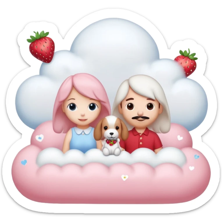  Couple DP in AI emoji style with Cinnamoroll and Snoopy. Both wear strawberry-themed accessories, sitting together on a pastel pink cloud with hearts, sparkles, and strawberries around. Cute, soft, and romantic vibe. sticker