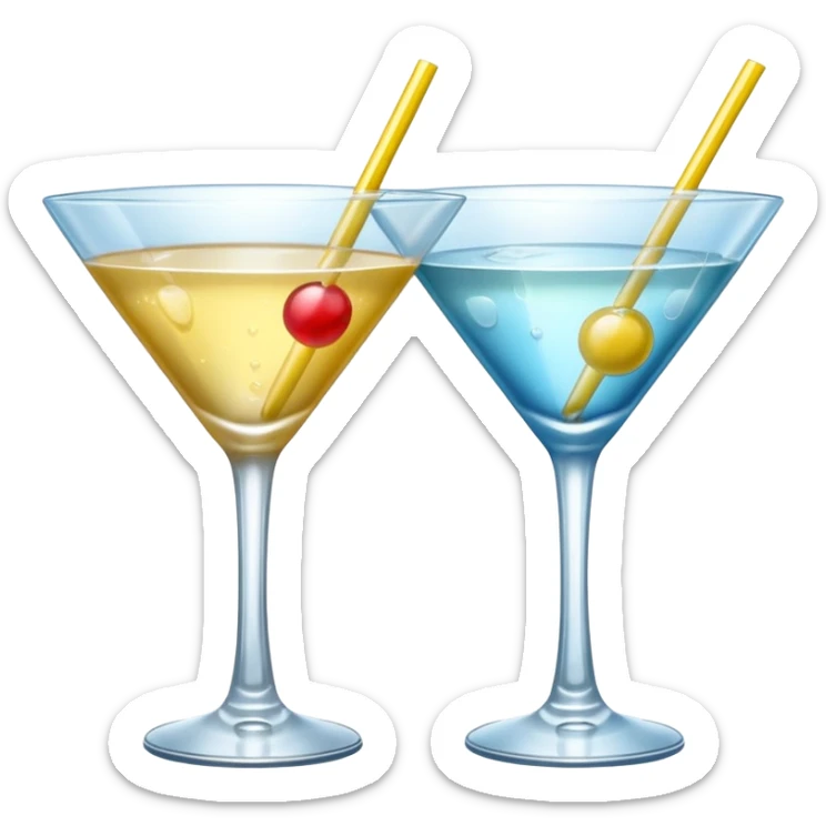 two realistic glasses of cocktail in emoji style, martini glass shape, no straw, no fruit, no ice sticker