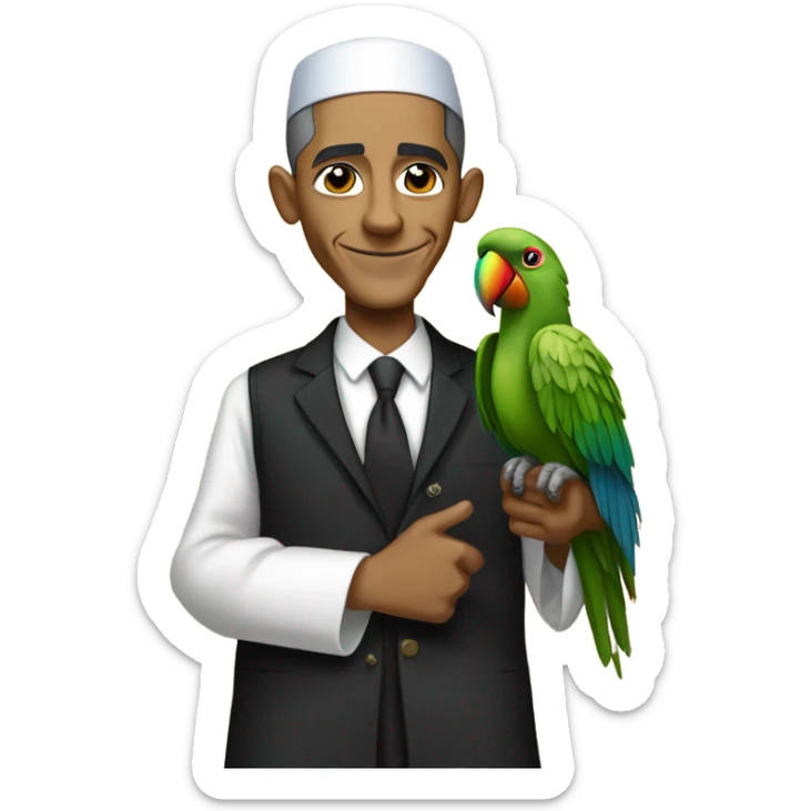 Barack Obama in Jewish orthodox clothing with a parrot on his shoulder and doing a peace sign  sticker