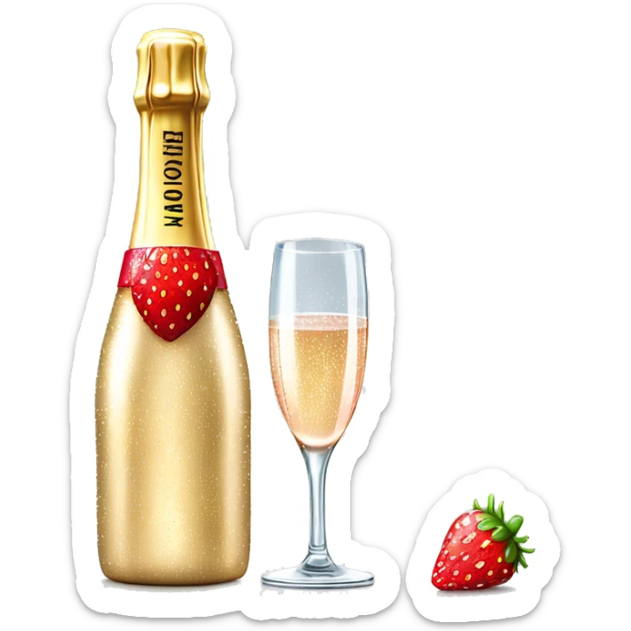 Realistic sparkling diamond glam bottle of champagne with matching skinny glass filled with the champagne with strawberry in the bottle of glass. sticker
