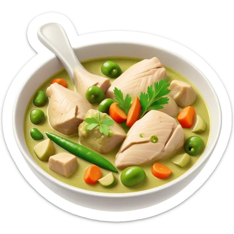Green Chicken Curry Cinematic Realistic Green Chicken Curry Dish Emoji, depicted as tender chicken chunks simmered in a fragrant green curry sauce with vegetables, rendered with vivid textures and dynamic, vibrant lighting. sticker