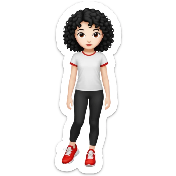 generate a pretty bratz fair skinned girl with curly black hair wearing a white tshirt trekking with red sneakers on and black leggings sticker