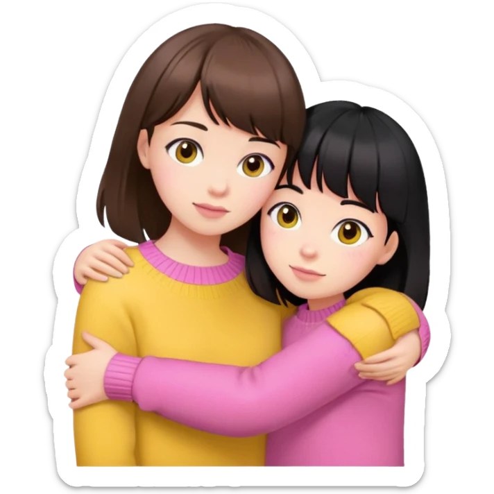 girl in pink sweater with brown hair and bangs hugs girl in yellow sweater with black hair sticker