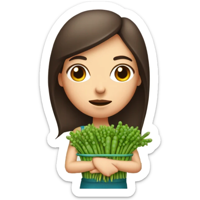 farmer brunette white woman with bunch of peas and carrots in her hands from the garden with gloves on, frowning sticker