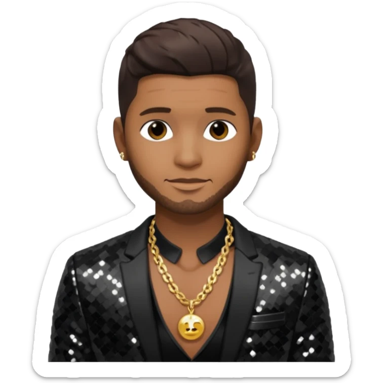 Usher with dark brown hair, black sequin suit jacket, shirtless with necklace sticker