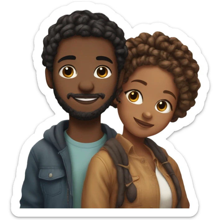Realistic black girl with box braids and light skin boy with short curly hair and a short beard hugging sticker