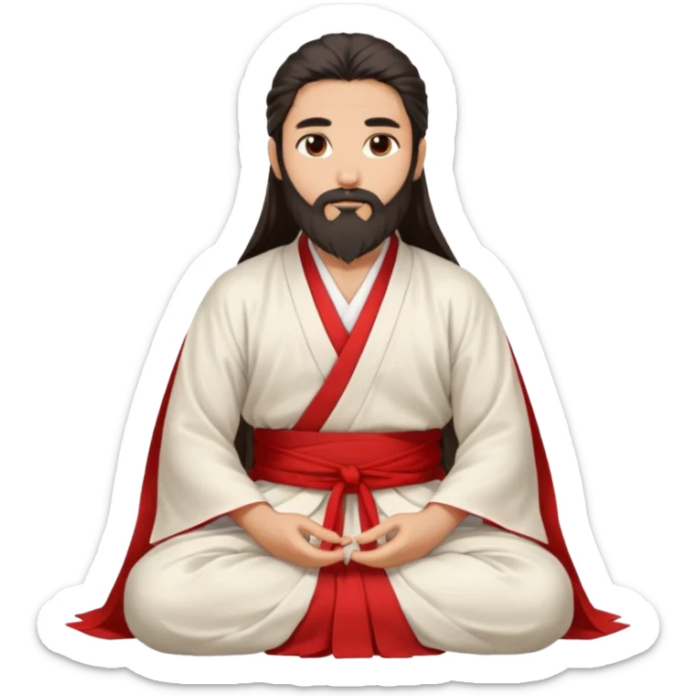 Beautiful man with lightly tan skin and dark long beard, long hair, in white and red Hanfu sitting on the ground sticker