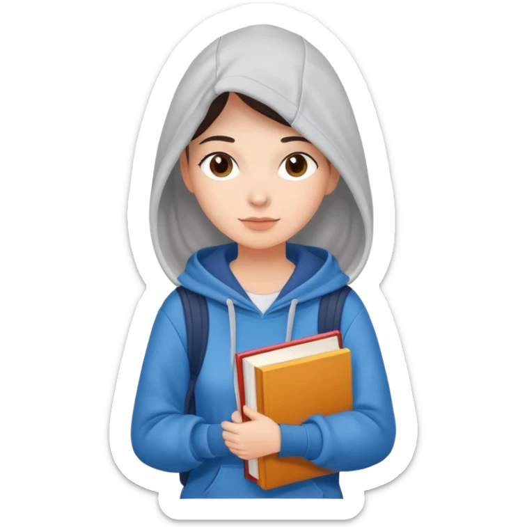 A flat-style illustration of a woman college student with a tote bag over her shoulder and a book in one hand. The student wears a hoodie. Clean cartoon style, white background, iOS emoji aesthetic. sticker