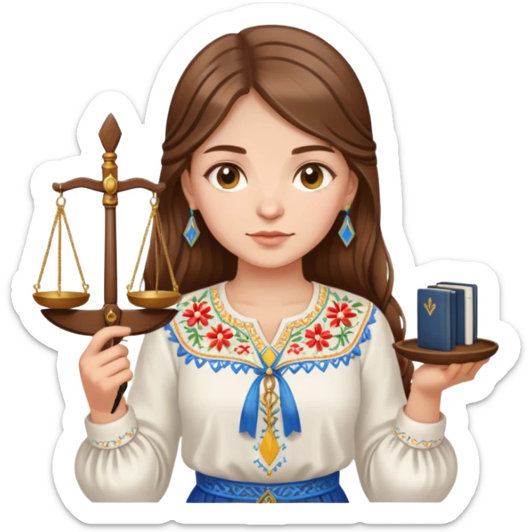 Ukrainian girl with brown hair wearing traditional embroidered shirt (vyshyvanka) holding scales of justice in her hand sticker