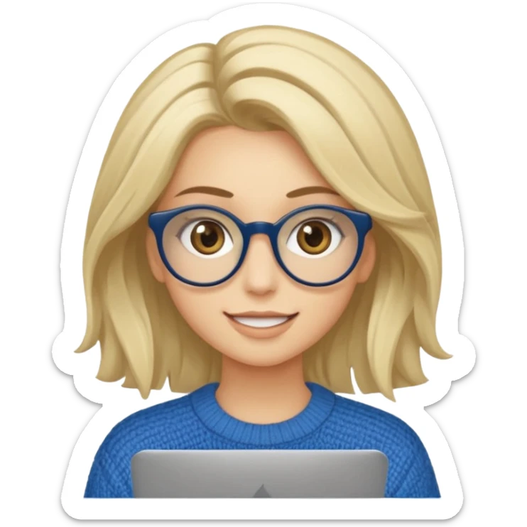 ragazza bionda sorridente con capelli lunghissimi, con occhiali tartarugati, occhi azzurri, con maglione beige, seduta alla scrivania che lavora al pc sticker