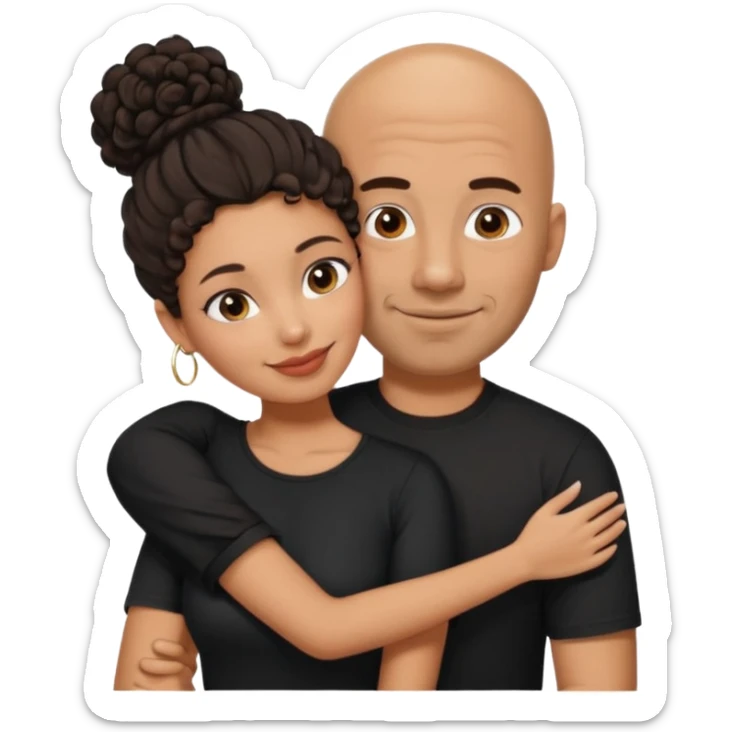 A picture of a tanned couple embracing. the man is a Mexican man with tanned skin, a bald hair cut, short beard and wearing a black shirt. the woman is mixed, with curly dark brown hair in a big messy bun and with big boobs  sticker