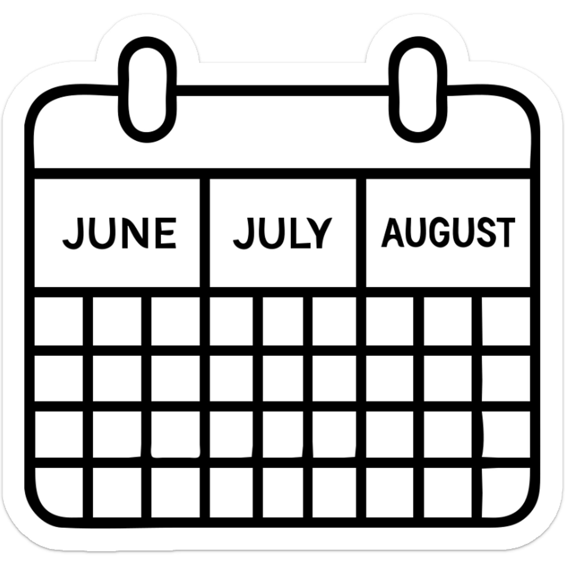 icon of a calendar showing three months, with month names June, July, August, clean and simple, minimal color, clear month divisions, minimalistic, clear grid sticker