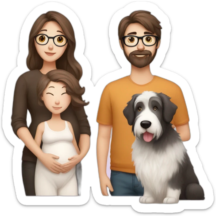 Pregnant girl with half long brown hair with glasses, a boy with long beard, glasses and short hair and english sheepdog sticker