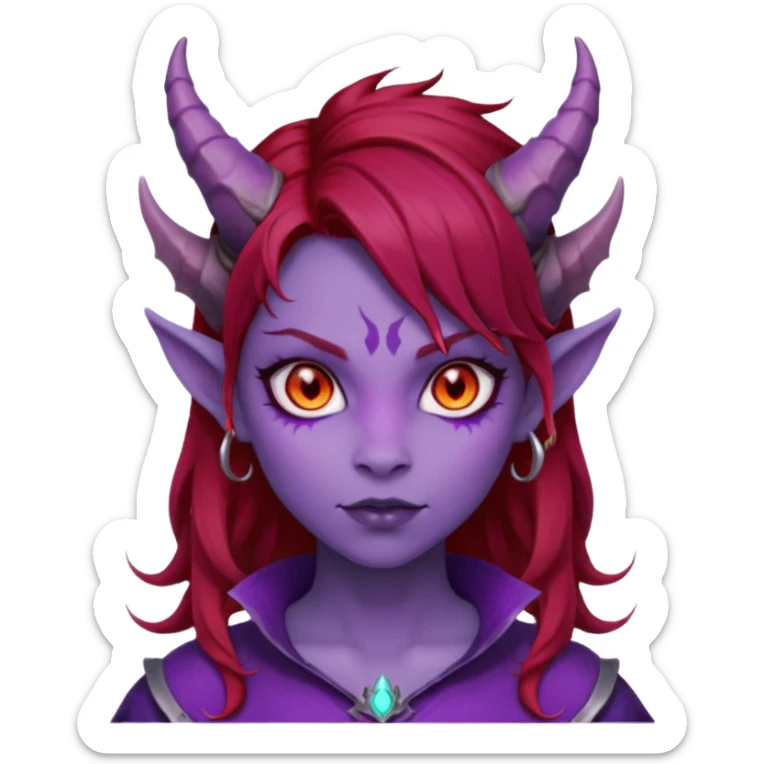 Demon Girl Purple Skin Dragon Horns Black Eyes Red Glowing Pupils Auburn Haired Red Shirt  sticker