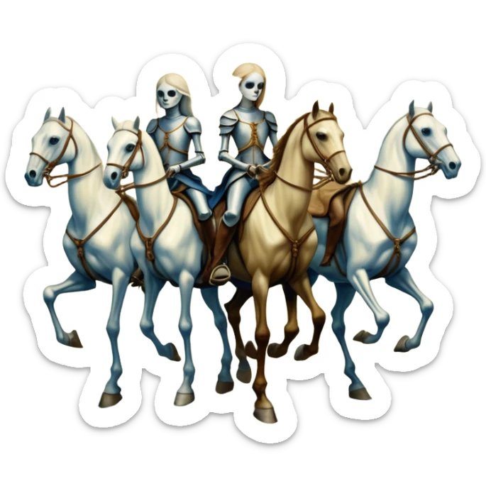 aesthetic brilliant radiant divine lighting, oil paint - ivory Four thin women as riders of the Apocalypse, after a graphic by Albrecht Dürer in a desolate landscape on horse skeletons sticker