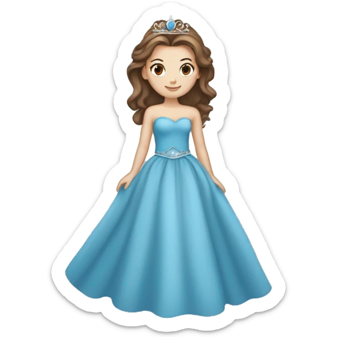 White girl princess with brown hair, brown eyes, and a blue dress add tiara sticker