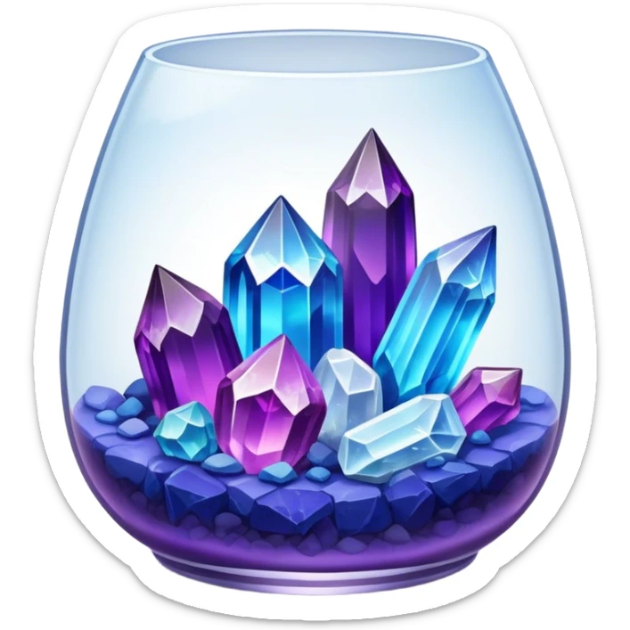Close-up of vibrant crystals growing in a glass container on a table, with various colors like purple, blue, and clear. Some crystals are larger, while others are still forming. Soft light highlights their natural beauty. Background with a cozy indoor setting. sticker