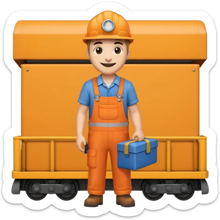 emoji style railway engineer full body in orange overalls, carrying a box in front of them sticker