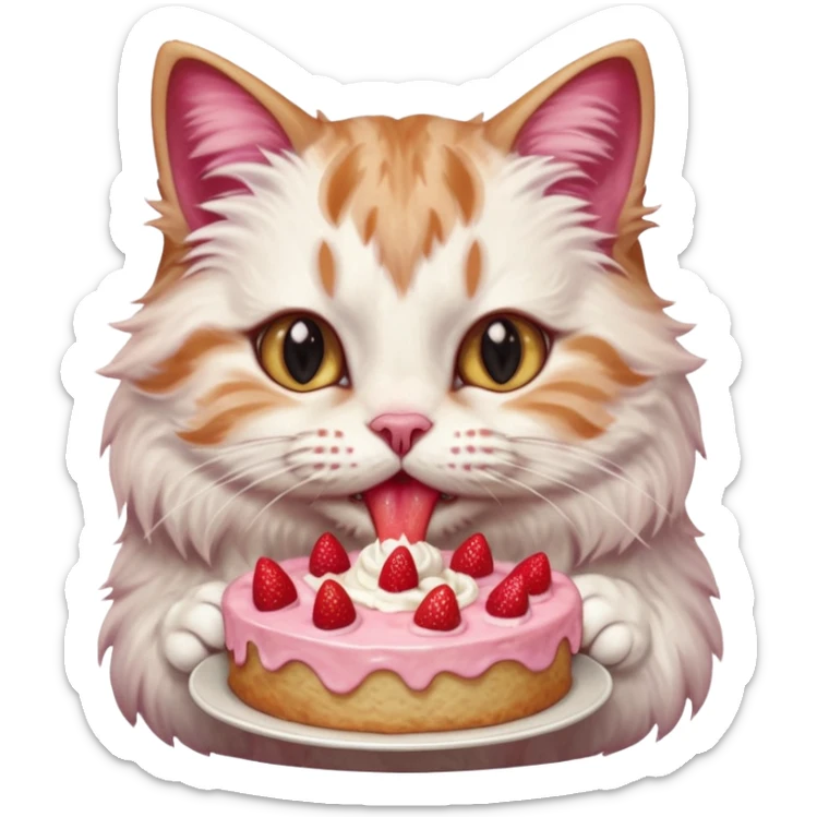 Close-up portrait of a fluffy cat eating a strawberry cake, pink cream on its nose and whiskers, detailed fur texture, soft natural light, shallow depth of field, high resolution, cute and candid moment
 sticker