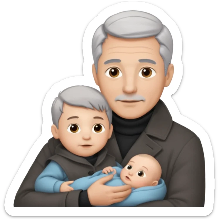A father with silver-grey hair styled neatly and a clean-shaven face, wearing a dark turtleneck and wool coat, holding his baby sticker