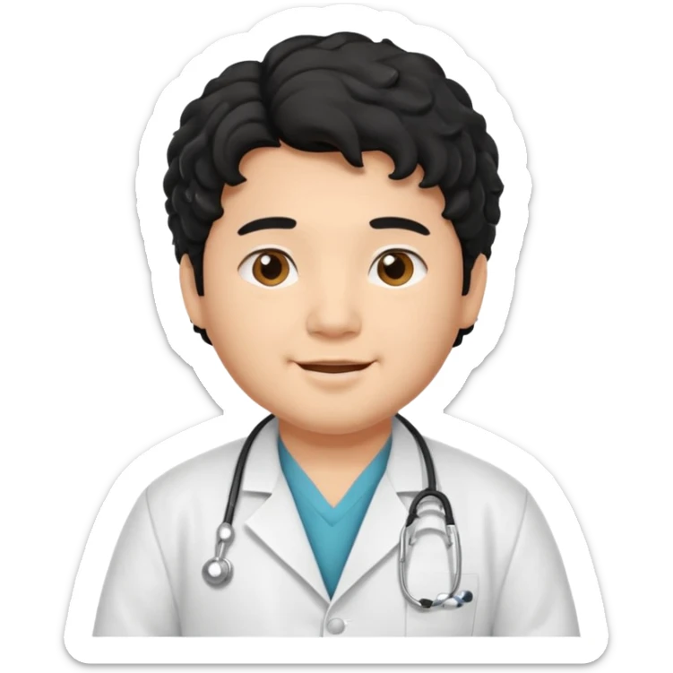 a young asian chubby male doctor with black long curly hair and cheerful face without gpasses sticker
