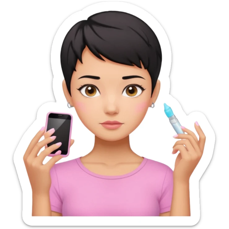 tan girl pink shirt with black hair & a pixie cut no earrings doing cute pastel colors skin care sticker