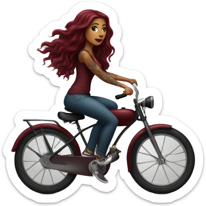 Beautiful tattooed  burgundy long haired woman riding a bike sticker