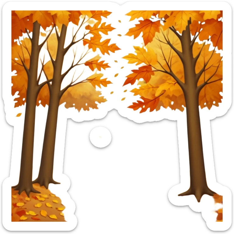 A peaceful autumn scene with golden and orange leaves gently falling from tall trees, soft sunlight filtering through the branches, leaves covering the ground, a gentle breeze in the air, cinematic atmosphere, warm color tones, 4K, ultra detailed, hyperrealistic, dreamy fall season landscape sticker