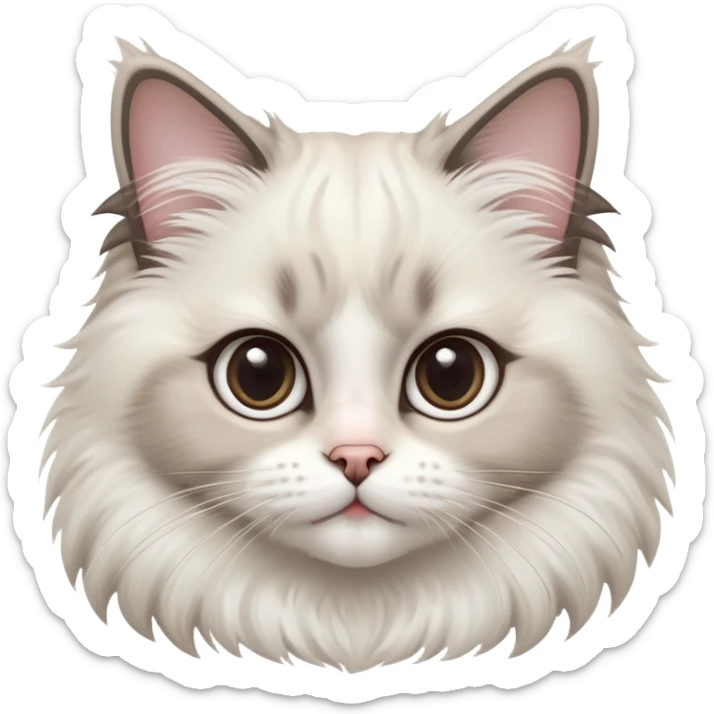 cinematic-adorable-big-eyed-fluffy-ragdoll-cat-portrait-emoji,-head-tilted-playfully-with-a-sweet-expression,-fluffy-white and grey-fur,-simplified-yet-irresistibly-cute-features-with-large,-expression,  sticker