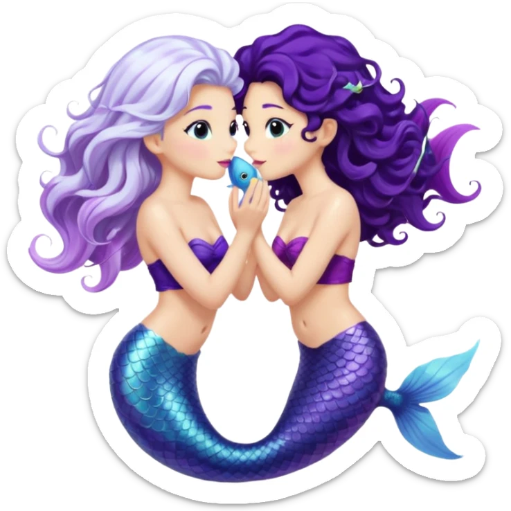Tow mail marinades kissing one of them with white hair and white fish tale and the other one with black curly hair with purple fish tail  sticker