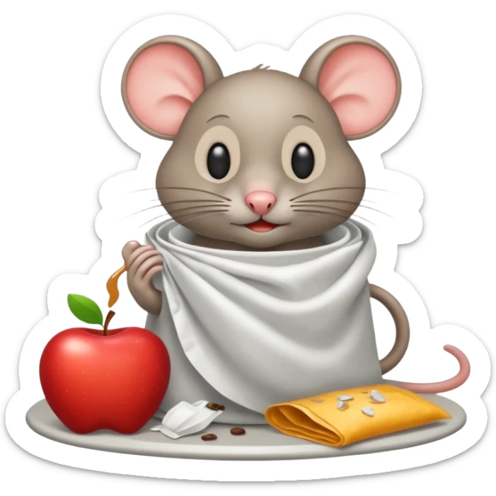 emoji-style icon of a diner with a coffee cup sign, trash bags, spilled food, flies, and a rat in the style of the apple emoji rat, unsanitary, clear at small size, no text sticker