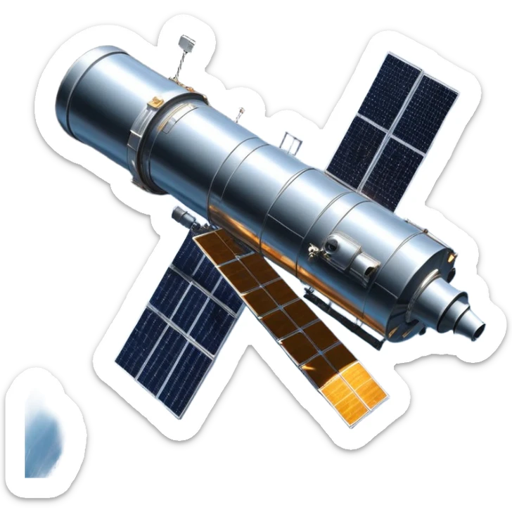 cinematic-realistic-hubble-space-telescope-emoji, an awe-inspiring, ultra-detailed depiction of the Hubble Space Telescope floating in space, its large, reflective metallic surface gleaming against the backdrop of the infinite blackness. The telescope's vast solar panels extend outwards, catching the light from distant stars, while its intricate, cylindrical body showcases advanced, precise engineering. The telescope's large, hexagonal lens is pointed towards the cosmos, surrounded by mechanical components, wires, and sensors. The detailed textures of the telescope’s metallic exterior, the shiny reflective coating, and the intricate grid-like solar panels are sharply contrasted against the void of space, with distant stars and nebulae faintly visible in the background, adding to the sense of scale and technological marvel; rendered with extreme realism and attention to detail. sticker