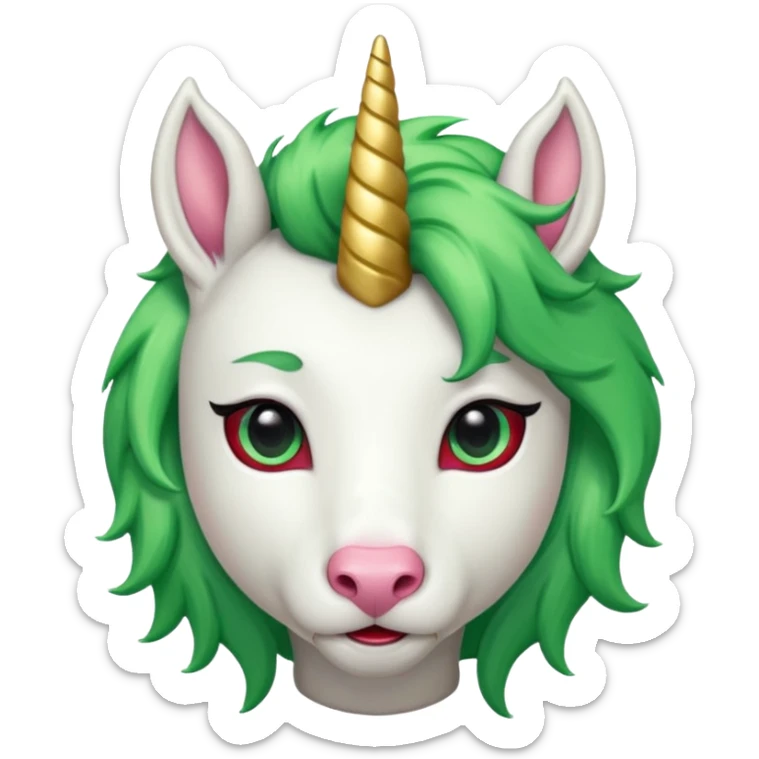 white furred unicorn with green hair and big red earrings looking into camera and spectacle sticker
