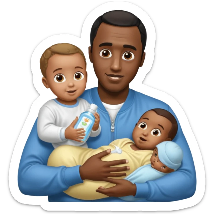 Sean “Diddy” Combs with baby oil and a very small infant and he’s pouring the baby oil on the baby and they have a scared face they’re really scared while diddy is happy sticker