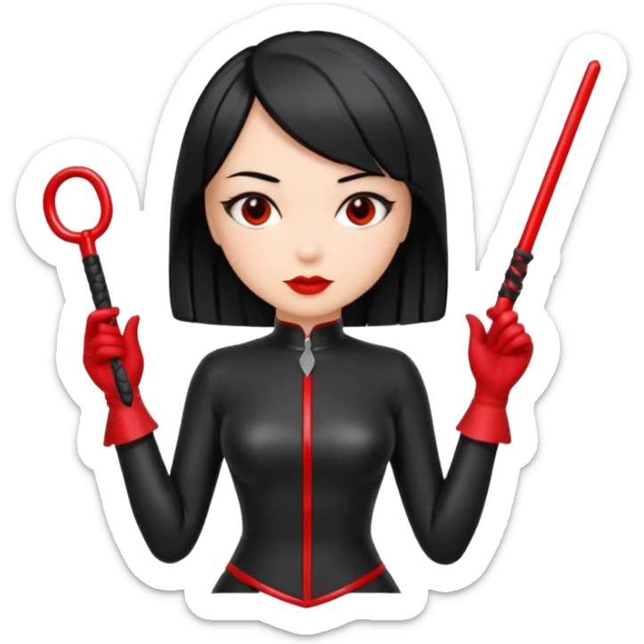 madam with straight bob black hairstyle in black latex with red whip in hand sticker
