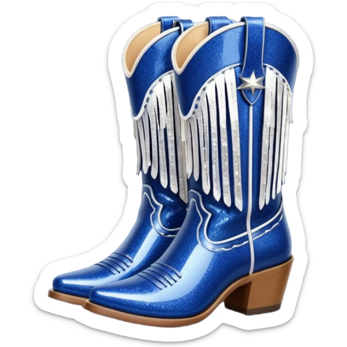 Realistic navy blue fashion cowgirl boots with sparkly shiny glitter fringe sticker