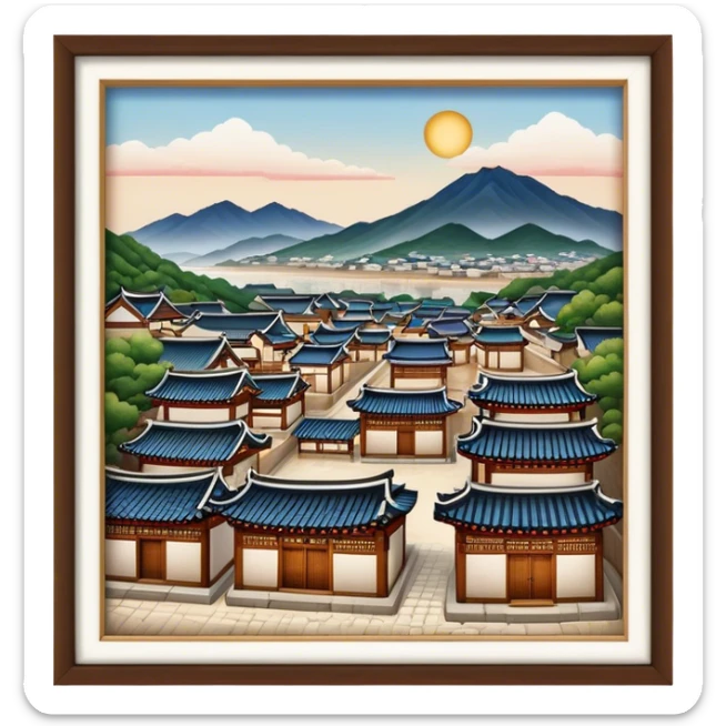 Cinematic Realistic Bukchon Hanok Village Landmark Emoji, depicted with traditional Korean houses set against a scenic backdrop rendered with detailed textures and warm, inviting lighting. sticker