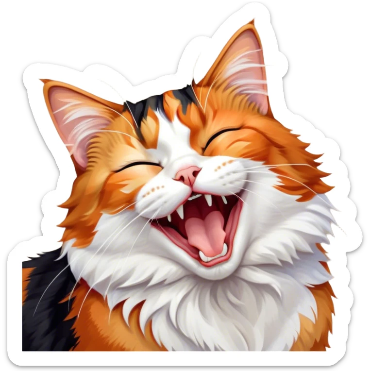 Cinematic Cute Yawning Calico Cat Portrait Emoji, Head tilted mid-yawn with a charming, relaxed expression, showcasing a soft patchwork fur of vibrant orange, black, and white, simplified yet irresistibly adorable, highly detailed, glowing with a cozy, gentle radiance, high shine, exuding sleepy yet endearing charm, styled with a soft glowing outline, capturing the essence of a calico cat caught in a delightful yawn that seems ready to cuddle up for a nap! sticker