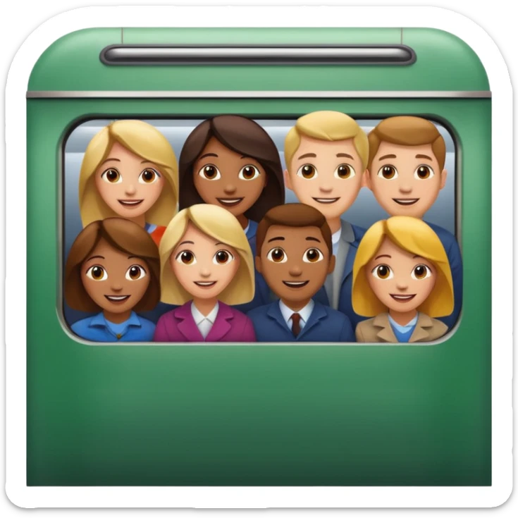 five happy people, mix of women and men, close together inside a subway car resembling Apple emoji subway, Apple emoji style sticker