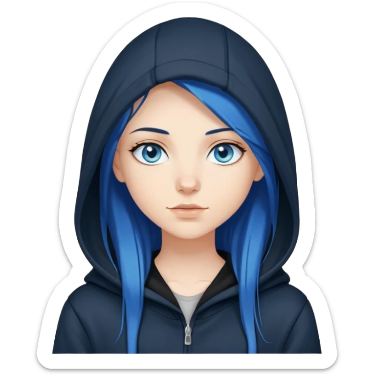 white girl with blue eyes long straight dark blue hair wearing black hoodie with hood off sticker