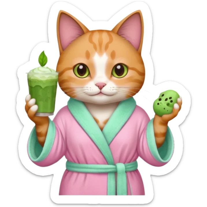 I want a CAT whit a iced macha on her paw and i want her to ne wearing a pink bath rope sticker