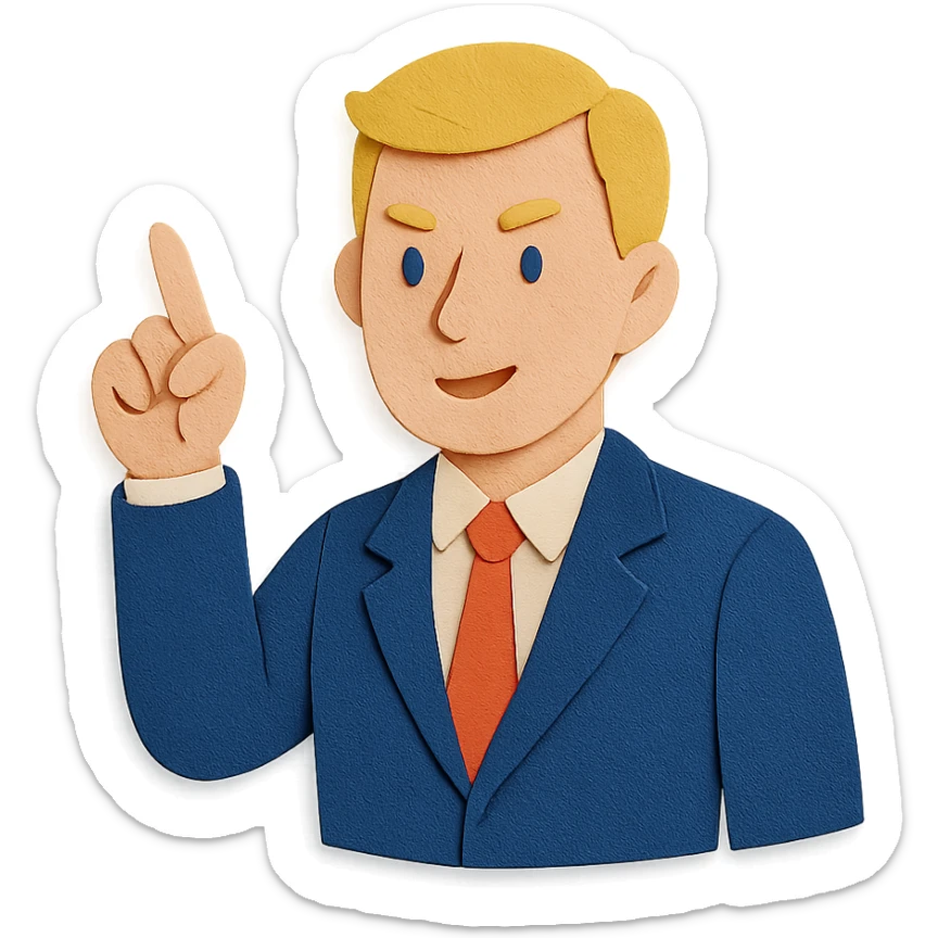 Confident male leader, Caucasian, short neat blonde hair, sharp eyes, indigo jacket, one arm raised gicing direction, waist-up, front-facing sticker