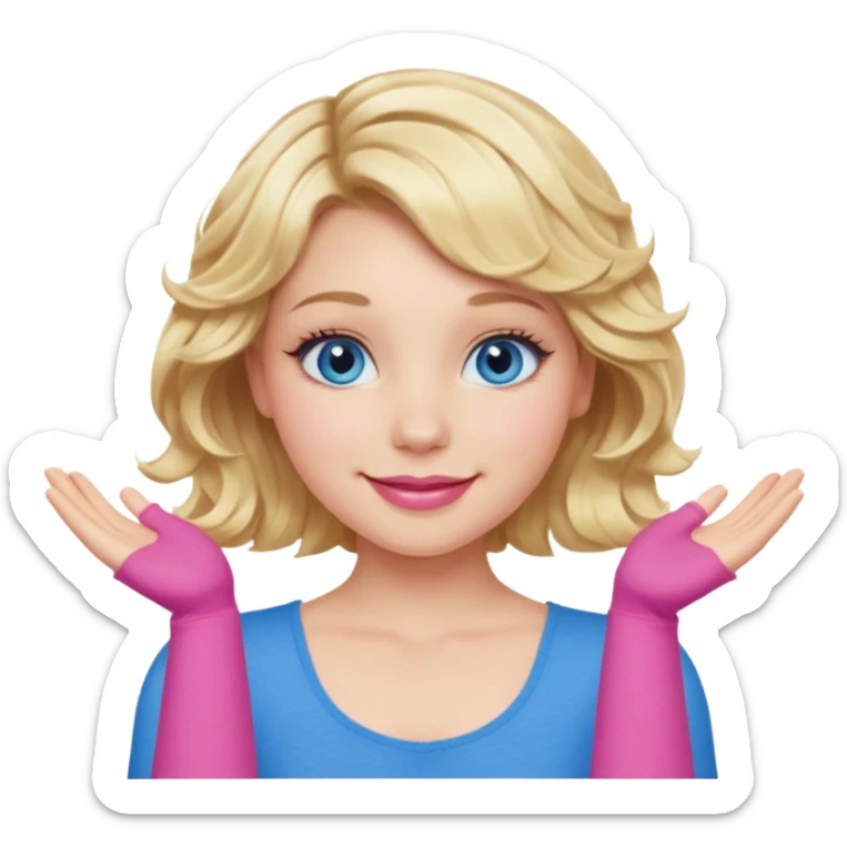 Girl Blonde short wavy hair,  blue eyes, cute blue top, long lashes, pink lips, smiling, making an x with arms  sticker