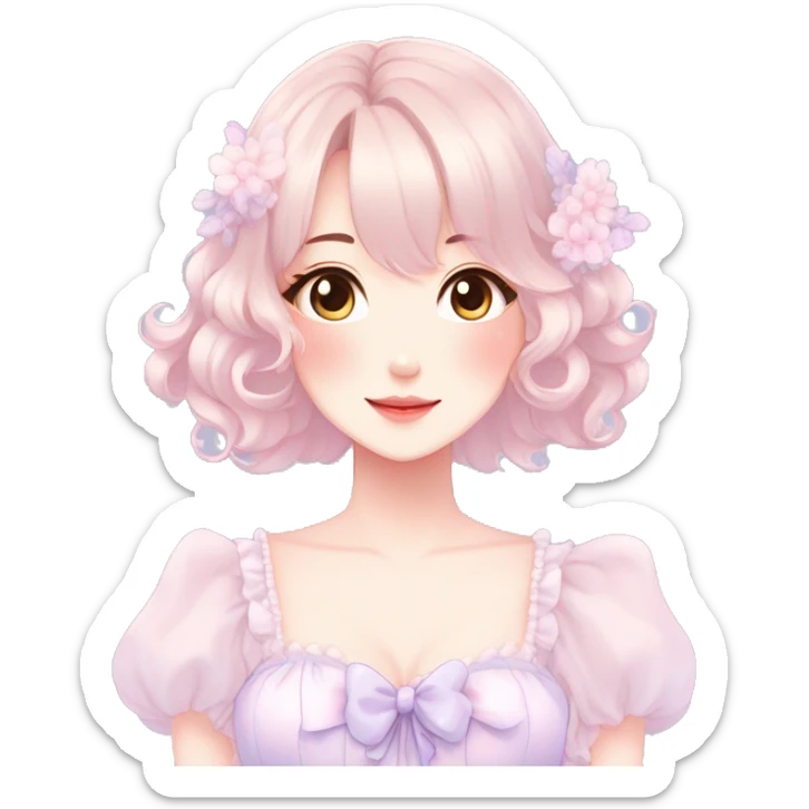 Gorgeous pastel anime style lady with blushing face and a dress cottagecore fairycore  Kawaii anime colorful pearly romantic simplistic aesthetic trending style sticker