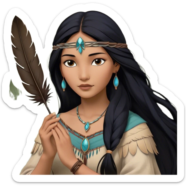 Cinematic Realistic Pocahontas Portrait, depicted with lifelike skin texture, soft natural lighting, and intricately detailed long, flowing raven-black hair that moves gracefully in the wind. Her deep, soulful dark brown eyes exude wisdom and strength, complemented by a serene yet powerful expression. She is shown gently holding a feather in one hand, her other hand resting lightly at her side, embodying the harmonious balance between nature and herself. She is dressed in her classic one-shoulder native American dress, with rich fabric textures and delicate beaded details that catch the light beautifully. The portrait features a soft, sun-kissed glow with a natural, radiant finish, capturing the essence of untamed beauty and deep connection to nature in a realistic and painterly style, evoking a sense of depth and authenticity. sticker