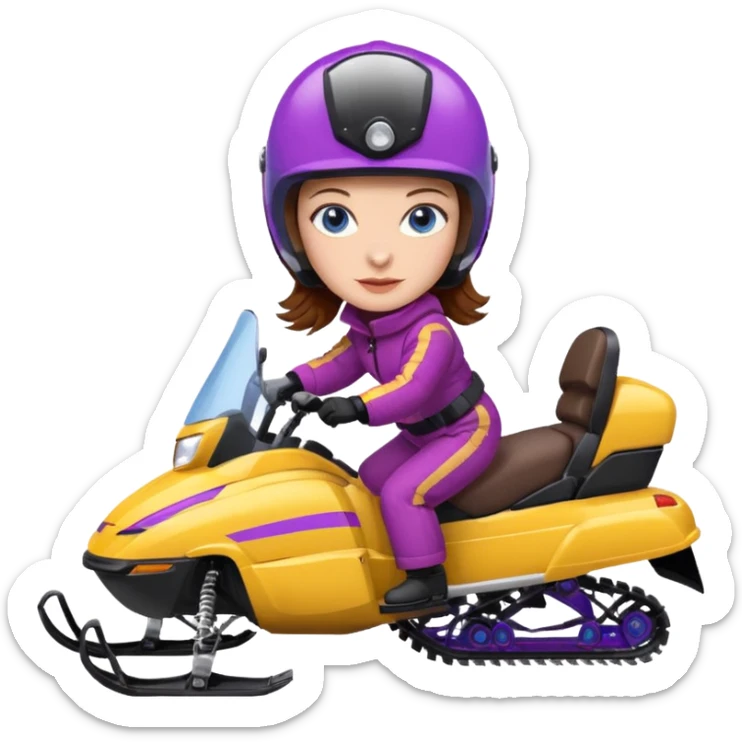 Brown hair, very blue eyes, Woman wearing red coat  on purple and yellow striped snowmobile sticker